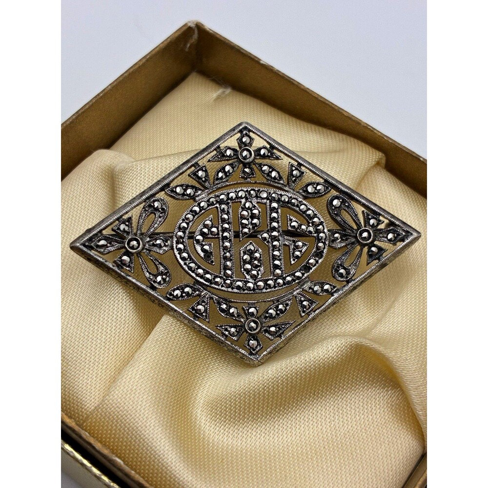 VTG Silver TESTED Marcasite GKS Monogram Diamond Shape Signed Brooch Pin 2"